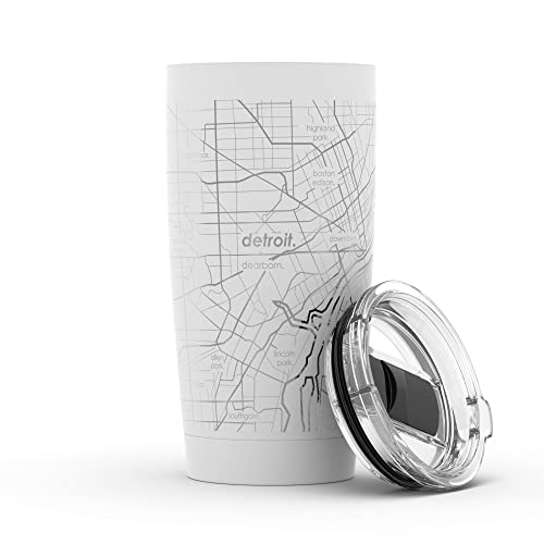 Well Told Engraved Detroit Michigan Map Insulated Coffee Tumbler, Etched Stainless Steel Mug (20 Oz, White) City Map Insulated Tumbler, Custom Travel Mug, Outdoor Drinkware #TOP6