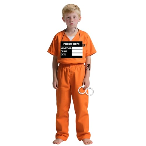 Disfraz de prisionero infantil naranja, camisa y pantalón miniatura 3