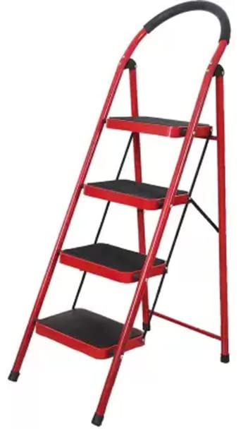 AQSON 4 Step Ladder Folding Wide Step Steel Ladder 150kg Capacity, Multi Purpose Portable Step Stool for Home,Kitchen, Garden, Office, Warehouse Red, 4step ladder
