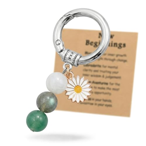 OXIHOUSE&CO- New Beginnings Daisy Keychain for Women, Natural Stone Bead Crystal Keychain, Silver Key Ring with Message Card, New Job Retirement Coworker Farewell Gift