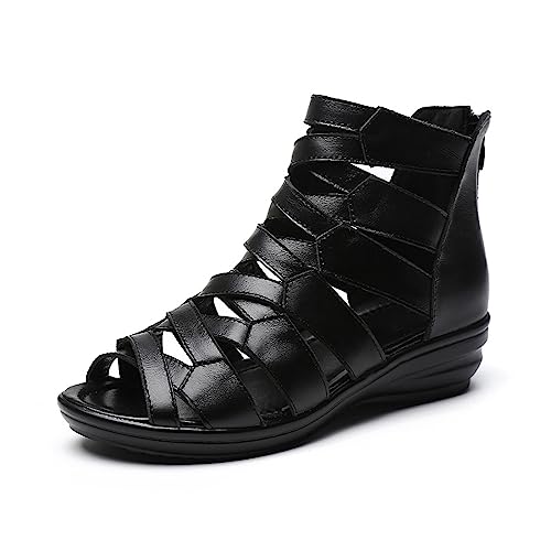 AngryMonkey Women Black Leather High Top Gladiator Sandals,Summer Peep Toe Hollow Back Zipper Dressy Flat Roman Sandals Wedges Sandals