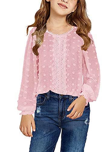 Dokotoo Girls 2021 Cute Round Neck Ruffle Long Sleeve Princess T Shirts Solid Color Lace Crochet Pom Pom Loose Soft Chiffon Boho Blouses For Teen Girl Tunic Tops Size 8-9 Pink #TOP17