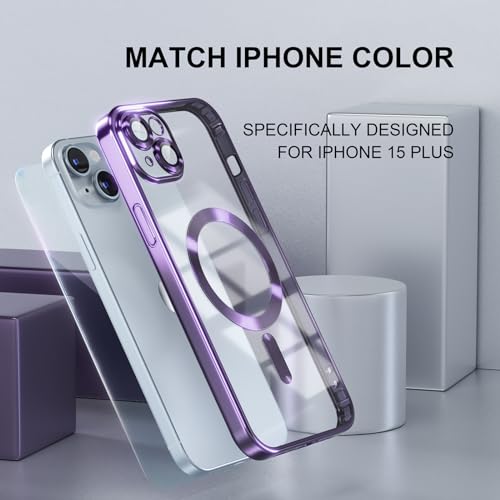 Image of Misea Magnetic for iPhone 15 Plus Case Compatible with MagSafe | [Never Yellowing] [Military Drop Protection] Full Camera Lens Protector Plating Soft Clear Phone Case for Women, Deep Purple