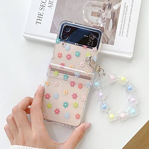 Coque Samsung Z Flip 4 et 3 transparente fleurie avec bracelet perles