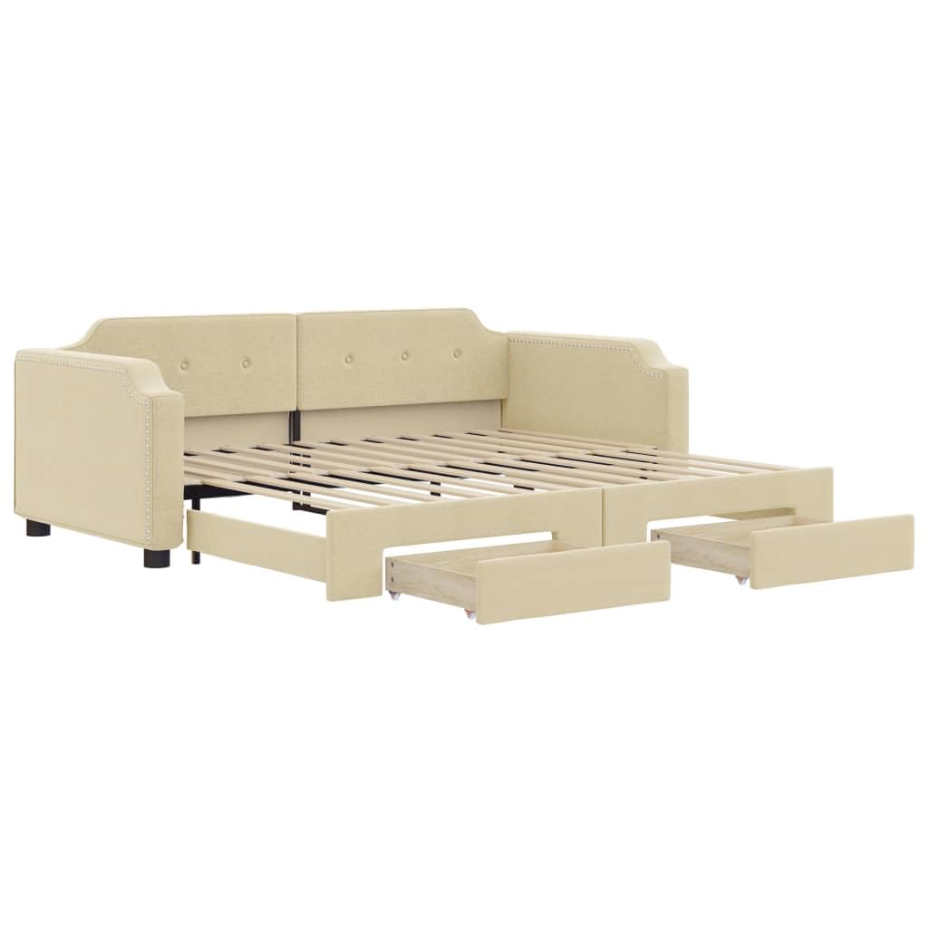 Rozkładane łóżko dzienne, kremowy materiał 80 x 200 cm, z 2 szufladami, wytrzymały stelaż z metalu i drewna, uniwersalna sofa do spania do pokoju gościnnego