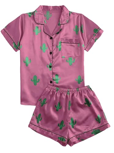 Image of Remidoo Women's Short Sleeve Button Down Satin 2 Piece Pajama Set Sleepwear Pink X-Small