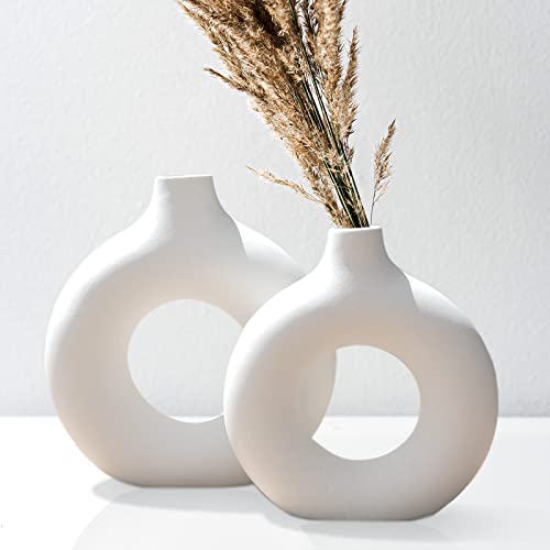 Lzv White Ceramic Vase Nordic Circular Matte ​Hollow Donut Flower Vases For Dinner，Office，Bedroom，Table，Party，Living Room（Whitelarge） #TOP1