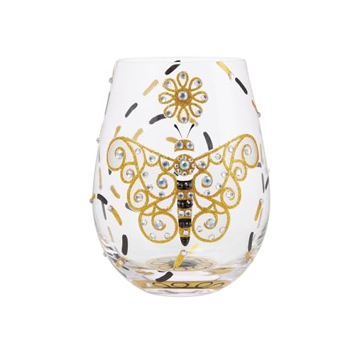 Enesco Lolita Designs Brilliant Butterfly Hand-Painted Artisan Stemless Wine Glass, 20 Ounce, Multicolor