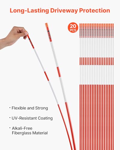 VEVOR Schneestangen, 20 Stk., 147 cm lang, 7,87 mm Durchmesser, Auffahrtstangen mit 30 cm Stahlbohrern, reflektierende Einfahrtsmarkierung, Fiberglasstangen für Parkplätze, Gehwege, Schneeräumen