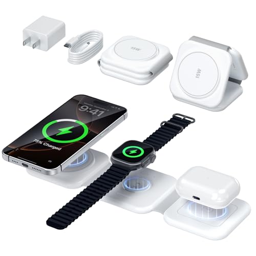 15W Travel Charging Station for Apple Multiple Devices 3 in 1 Foldable Magnetic Wireless Charger Fast Charging Pad for iPhone Air 17 16 15 14 13 12 Pro Max Watch & Airpods-Slim Portable White