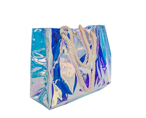 Holographic Beach Tote Bag, Clear Iridescent Design, Rope Handles, Large2