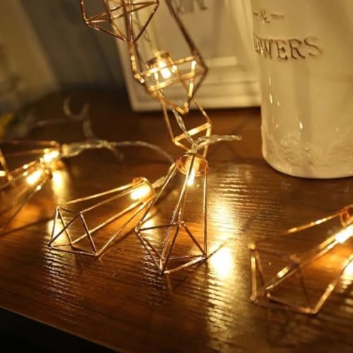 Image of MoonlitDreams 10ft 20 LED Rose Gold Geometric Diamond Fairy String Lights, Metal Water Drop Cage Copper Wire Lights, Battery Operated for Home Decor, Wedding, Christmas & Garden (Pack of 1)