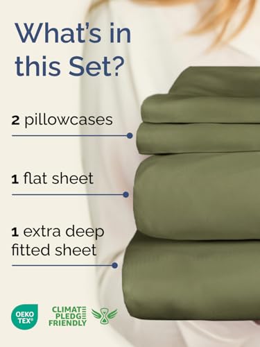Image of Extra Deep Twin Sheet Set - 4 Piece Breathable Cooling Sheets - Sage Green | Hotel Luxury Bed Sheets Set, Easy & Secure Fit, Ultra-Soft, Wrinkle & Fade Free, Comfy Sheets Set with Extra Deep Pockets