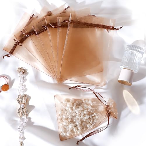 Image of Hopttreely 100pcs Organza Gift Bags, Light Brown 4 inchx6 inch(10x15cm) Mesh Bags Drawstring Gift Bags Jewelry Pouches for Candy Wedding Favors Christmas