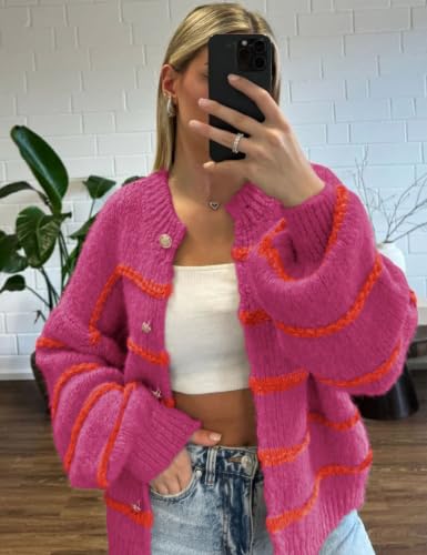 Image of QIBABU Womens Striped Cardigan Sweaters Casual Open Front Long Sleeve Button Down Knit Outwear