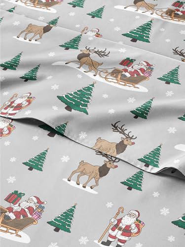 Split King Christmas Santa’s Sleigh Sheet Set - Holiday Xmas Pattern Bedding Set - Deep Pockets - Snug Fit - 5 Piece - Wrinkle Free - Cozy Festive Winter Holiday Sheets for Women, Men, Kids & Teens