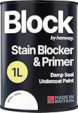 Hemway Stain Blocker Paint & Primer, Satin White 1L, Damp Seal Paint, Wood Primer, for Bathroom, Kitchen, Bedroom Walls & Ceilings, Damp Proof Undercoat Stain Block