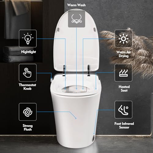 Luxury Smart Bidet Toilet con secador de agua tibia, asiento calefactable, control remoto, luz nocturna LED, descarga sin energía, tapa de cierre suave, diseño ovalado alargado de cerámica para baños modernos miniatura 2