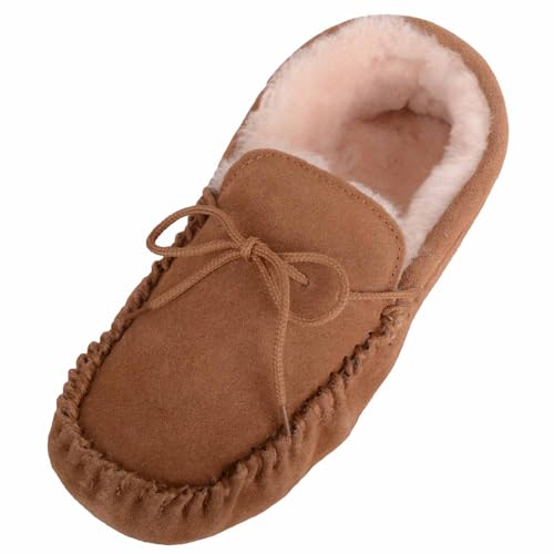 SNUGRUGS Men Genuine Sheepskin Lined Moccasin Slipper with Soft Sole - Chestnut - UK 8 / EU 42