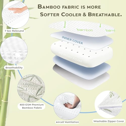 Image of AYKA Bamboo Memory Foam Pillow for Neck & Shoulder Pain | Neck Orthopedic Pillow for Sleeping, Pain Relief & Spinal Alignment | Ergonomic Design | 2 Years Warranty (Set of 2)