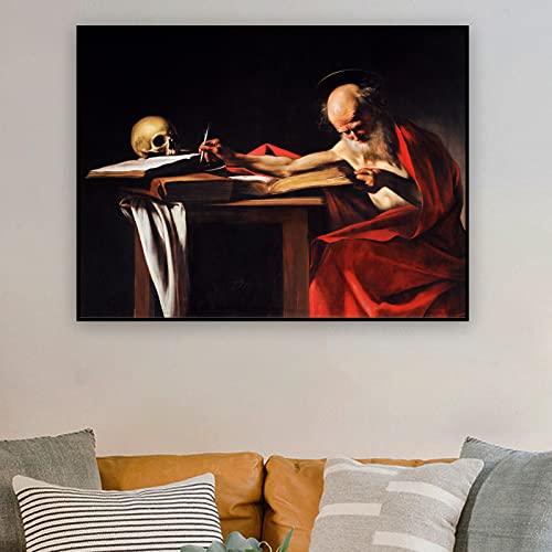 Caravaggio Canvas Wall Art Poster - Saint Jerome Writing Painting - Fine Art Prints - Famous Painting Reproduction Skull Decor For Living Room Bedroom Unframed (12X16In/30X40Cm) #TOP2
