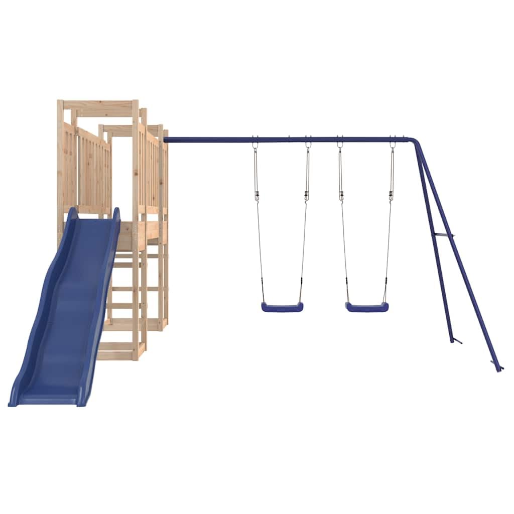 Spielturm Massivholz Kiefer mit Doppelschaukel, Wellenrutsche, Sandkasten und Klettergerüst, Outdoor Garten Spielhaus für Kinder, stabile Konstruktion, wetterfestes Holz