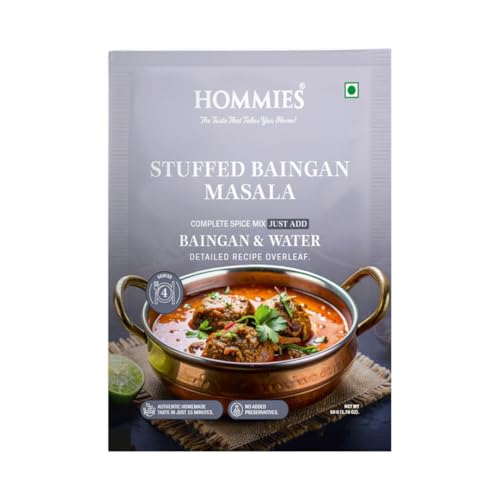 Image of Hommies Stuffed Baingan Bharta Masala Spice Mix | Ready to Cook in 15 Mins | Just Add Eggplant & Water | Serves 4 | Authentic Curry Masala with Groundnut | No Preservatives | Pack of 4 (200g, 50g Each)