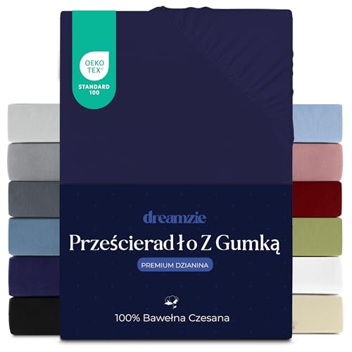 Prześcieradło Dreamzie 160x200 cm, 100% bawełna Premium Jersey, wysokość materaca do 27 cm, hipoalergiczne, Oeko-Tex, ciemnoniebieskie