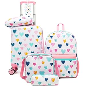 Kid’s Luggage Set 5 Piece Suitcase Set 16″ Hardside Luggage with Spinner Wheels Girls Carry on Toddler Travel Rolling Suitcase with Neck Pillow Airline Approved