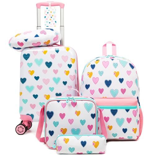 Inprof Kid’s Luggage Set 5 Piece Suitcase Set 16’’ Hardside Luggage with Spinner Wheels Girls Carry on Toddler Travel Rolling Suitcase Carry on Luggage Airline Approved by Inprof - Used condition - US$44.19