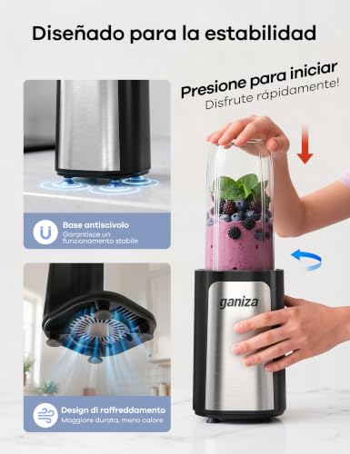 Miniatura 4 de Ganiza Batidora De Vaso Potencia 900 W Batidora De Pie Con 3 Vasos Portátiles 2 X 500 Ml Y 1 X 700 Ml , Minibatidora Con 4 Cuchillas De Acero Inoxidable,Licuadora Eléctrica Para Batidos Y Smoothies