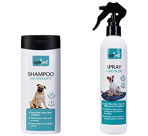 OptiPet 250ml Anti-Parasiten Shampoo + 250ml Insektenspray gegen Parasiten Umgebungs Spray Cover
