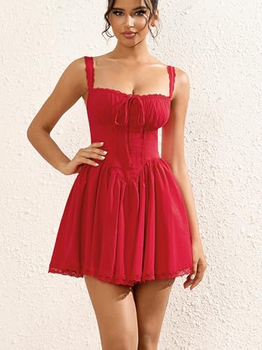 Image of Womens Summer Floral Mini Dress Square Neck Tie Front Lace Spliced Ruched Backless Casual Party Graduation Short Dresses
