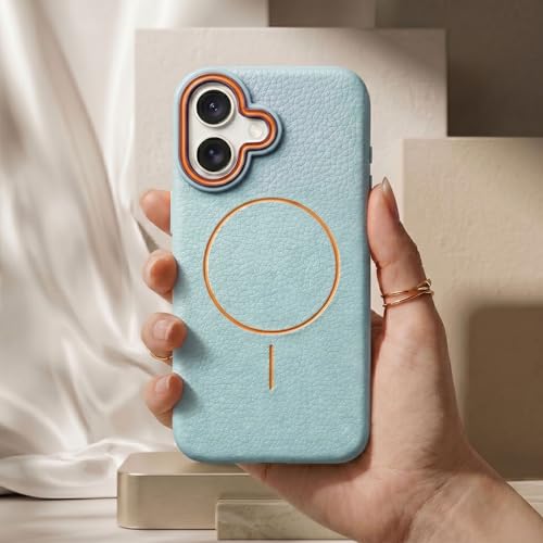 Image of amazon basics Luxury MagSafe Compatible Leather Texture Back Cover for iPhone 17 | Raised Camera Protection | Slim Fit Shockproof Case with Metallic Accents (Light Blue)