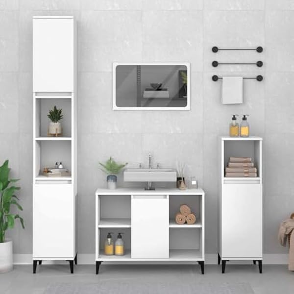 3-częściowy zestaw mebli łazienkowych, biały materiał drewnopochodny z szafką pod umywalkę, wysoka szafka, szafka midi, miejsce do przechowywania, połączenie do łazienki, toalety dla gości