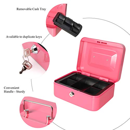 Jssmst Small Cash Box with Key Lock - Durable Metal Cash Box with Money Tray Pink, CB0104M - Thumbnail 5