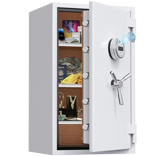 [Test Approved]9.8 Cub Extra Large White Biometric Safe Box Fireproof Waterproof [Dual Mode] [Leather Carpeted] 124 Lbs Heavy Duty Fire Proof Safe with Drawer for Jewelry Document