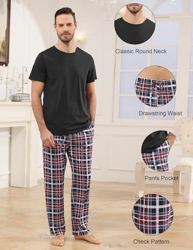Mens Pajamas Set Cotton Short Sleeve and Plaid Long Pants Loungewear Sleepwear Set Soft Comfy 2 Piece Nightwear3
