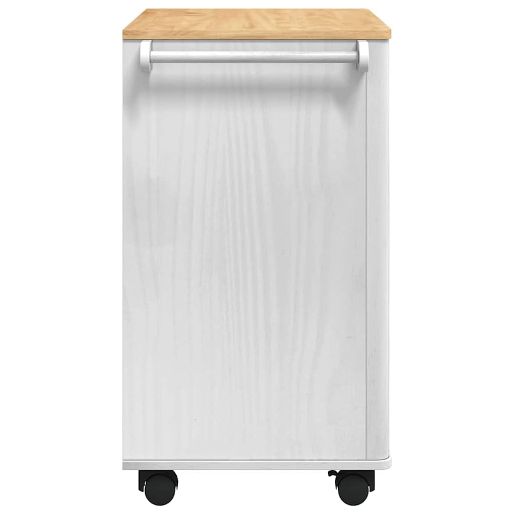 Küchentrolley Floro Weiß Massivholz Kiefer 72,5 x 45 x 80 cm mit Rollen und Schubladen, mobiler Küchenwagen für Aufbewahrung, Ablage und Organisation in Küche und Esszimmer