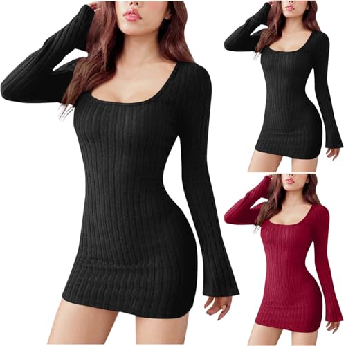 viwoeim Sexy Low Neck Knit Bodycon Dress for Womens Long Sleeve Elastic Maxi Long Dress Spring Vintage Elegant Sweater Dresses
