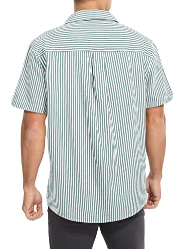 Tureface Men's Green Short Sleeve Shirt Casual Button Down Cotton Linen Striped Shirts Summer Breathable Large #TOP1