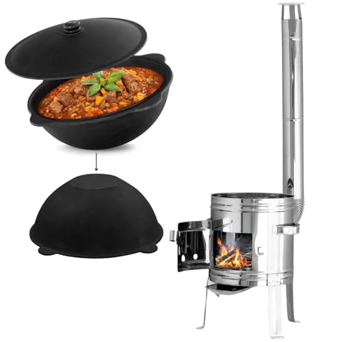 Utschak Ø 35 cm en acier inoxydable avec tuyau d'évacuation Uchag - Four de camping - Chaudière à goulache - 10 l - Kazan Kazan Kazan - Poêle à ragoût - Canon à goulasch hongrois - Cuisine de terrain