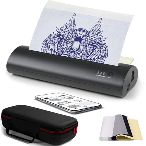 Wireless Tattoo Transfer Printer, Stencil Machine with 10pcs Transfer Paper, Portable Rechargeable Tattoo Thermal Copier, Compatible for iOS ＆ Android Phone,Laptop & iPad (Storage Box Set)