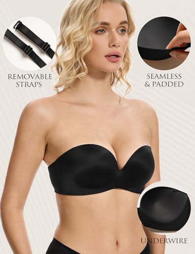 Image of Wingslove Strapless Bra Push Up for Women Underwire Half Backless Bra with Removable Straps Seamless Padded Support