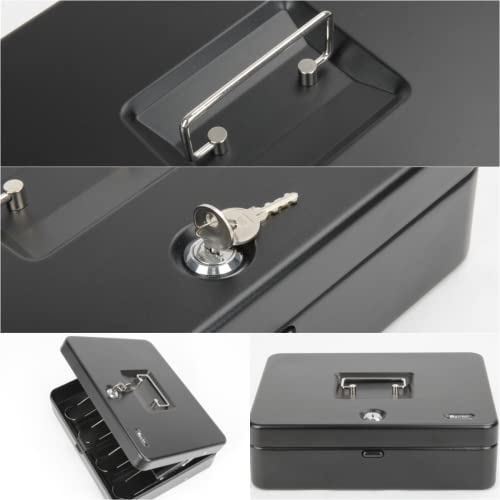 Sgorlds Cash Box Key Lock On Top, 11.8L X 9.5W X 3.5H Inches, Black Metal Money Box With Tray & Key Lock,Tiered Locking Cash Boxes,Durable Lock Safe Box With Key,4 Bill / 5 Coin Slots,Large #TOP5