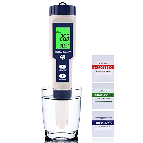 RCYAGO Digital pH Meter, Waterproof High Accuracy Tester Pen, 5 in 1 TDS/EC/PH/Salinity/Temperature Water Quality Monitor Tester for Pools, Hydroponics, Drinking Water, Aquariums