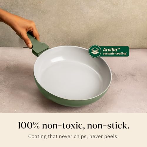 Image of Ember Cookware Arcilla Ceramic Frying Pan 24 cm with Glass Lid | 5-Year Warranty | 75% Less Oil Usage | Lightweight, Non-Toxic Non-Stick Ceramic Frypan | Matching Handle- Gas Compatible | Green