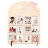 Weysat Pink Bow My First Year Photo Board, Wood 3D Coquette One Year of Photo 12 Months Monthly Milestone Board Picture Display Frame 1st Birthday Decorations Gift Bow Nursery Decor