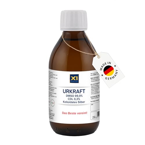 X1 URKRAFT – Kolloidales Silber 250ml / 50 ppm + DMSO 99,9% + CDL 0,3% – 3 in 1 Silberwasser vegan, Laborgeprüft, ohne Zusatzstoffe ISO-zertifiziert, aus Braunglas - Made in Germany