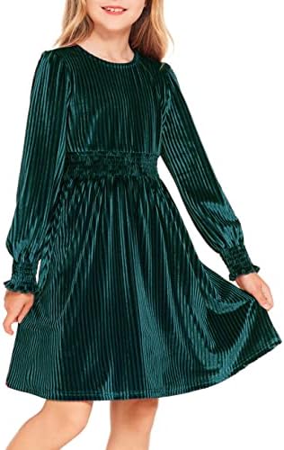 Arshiner Girls Velvet Dress Crew Neck Long Sleeve Elegant Party Dresses for School (0-Green, 6-7 Years)